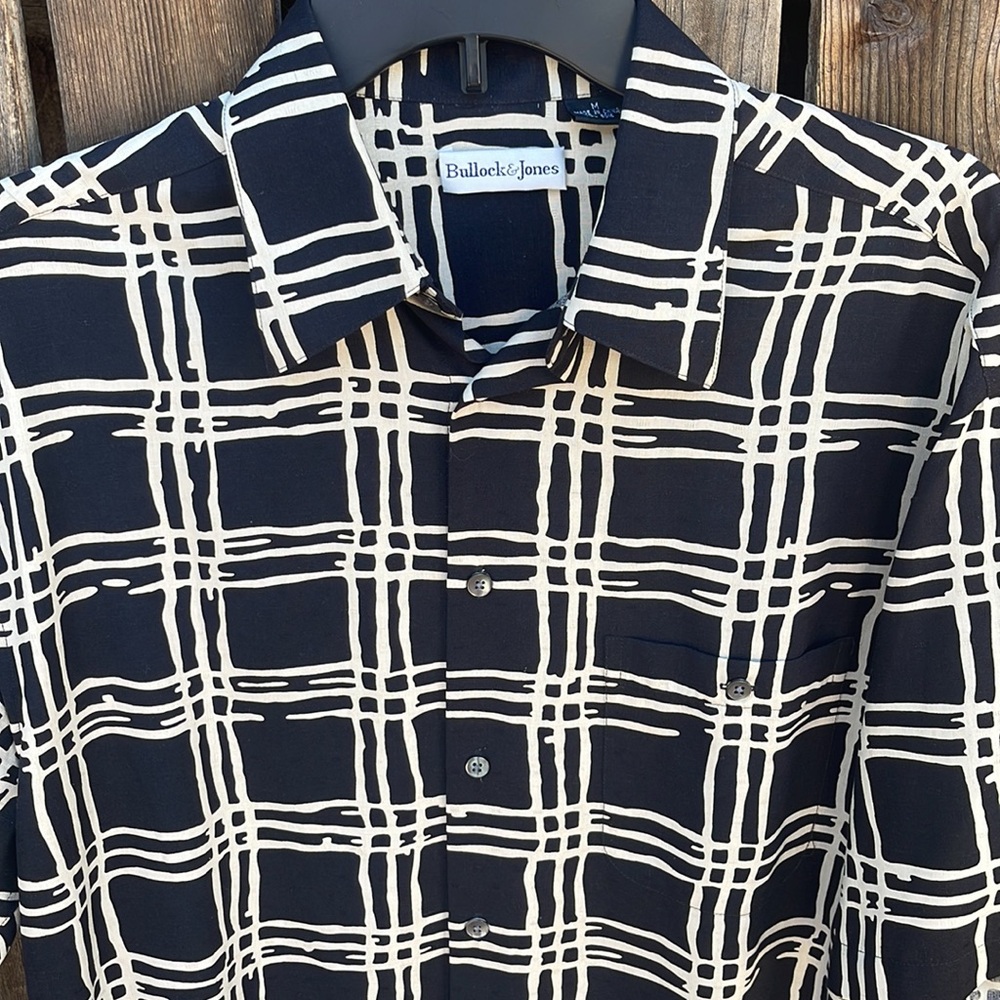 Bullock & Jones M Men's Silk Black Cream Plaid Shirt Short Sleeves Medium Dressy - Picture 3 of 8